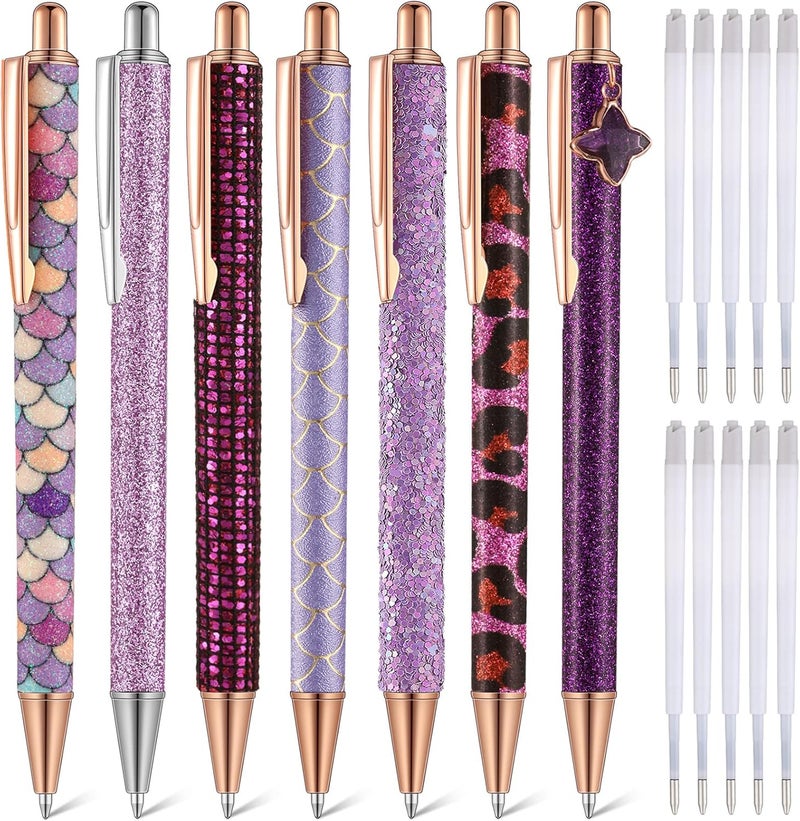 Sherr 7 Pcs Fancy Pens for Women Cute Sparkly Glitter Pens with 10 Pcs Black Ink Refills Pretty Gifts for Girls Office School Christmas Graduation(Purple,Stylish) - Image 1